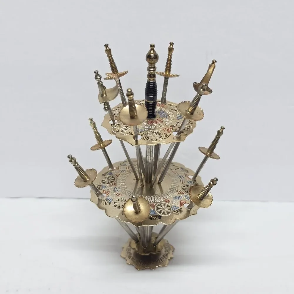 VTG MCM TOLEDO Cocktail Picks Barware Mini Swords Set Of 12 Spain 2-tire Holder